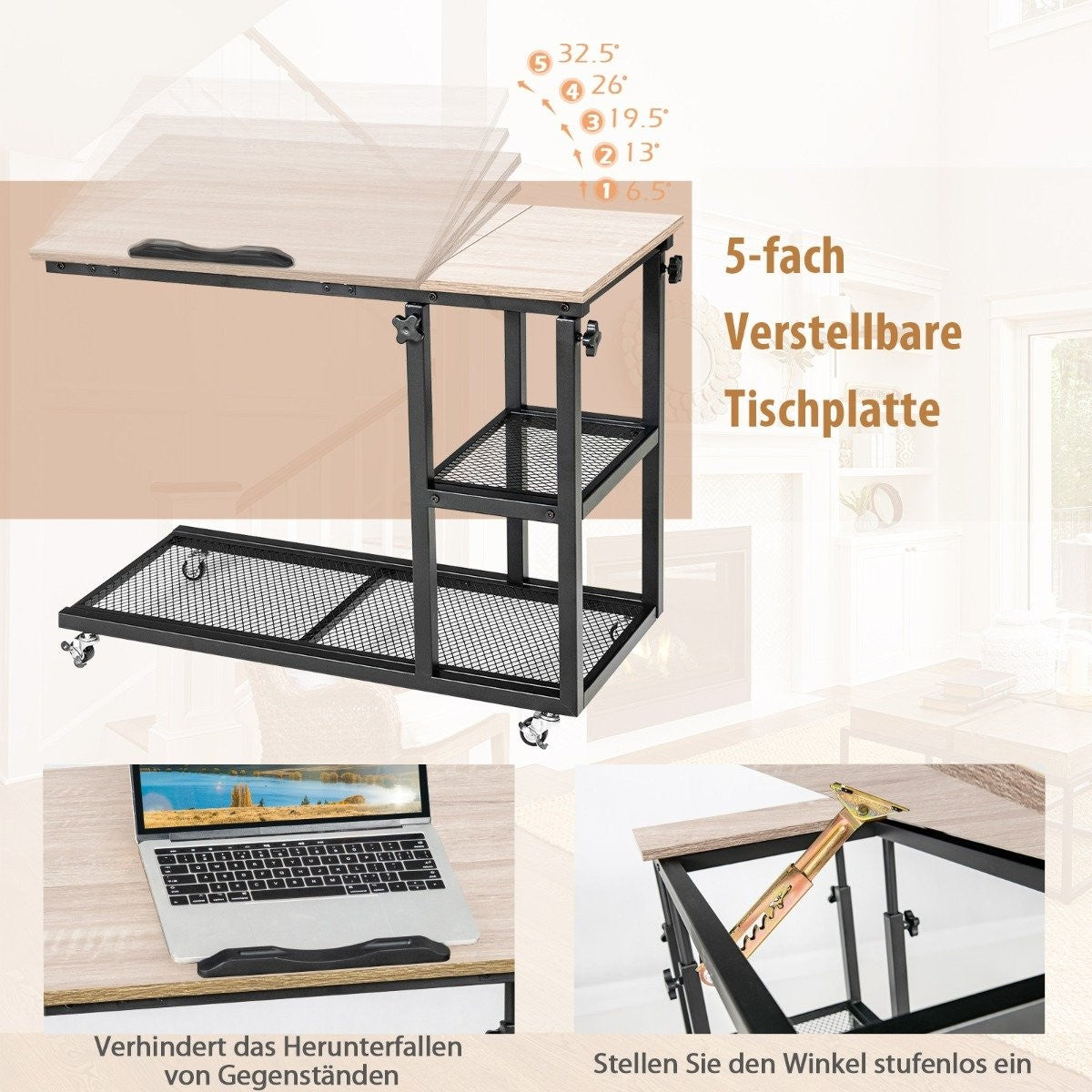 Adjustable Laptop Table with Storage, Tilting Top, 80x40 cm
