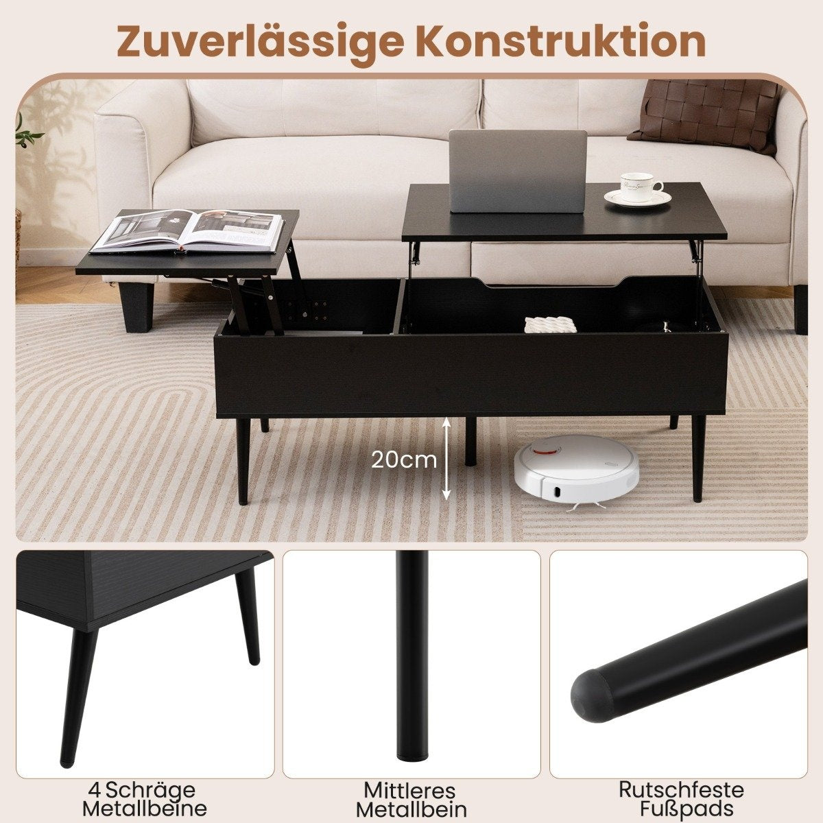 Adjustable Lift-Top Coffee Table with Hidden Storage, Black