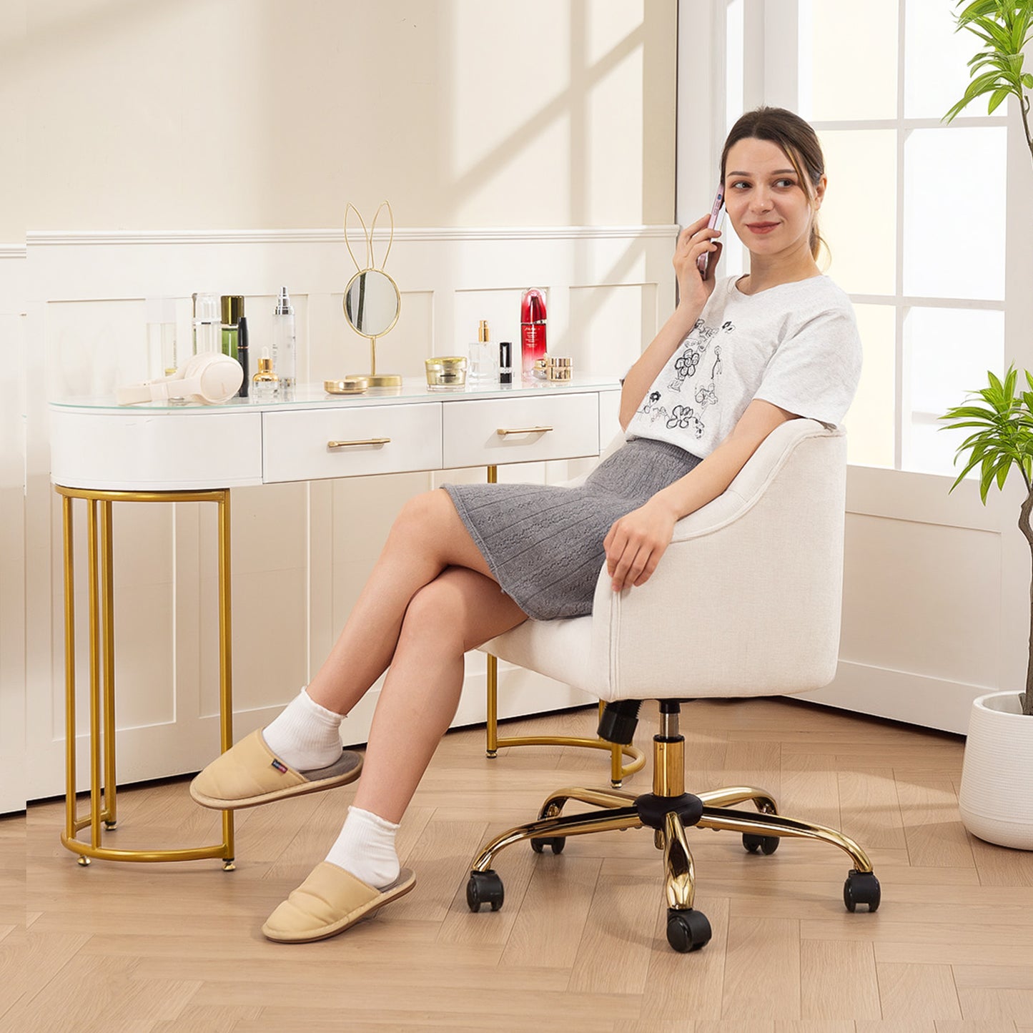 Adjustable Linen-Style Office Chair, Beige with Gold Legs