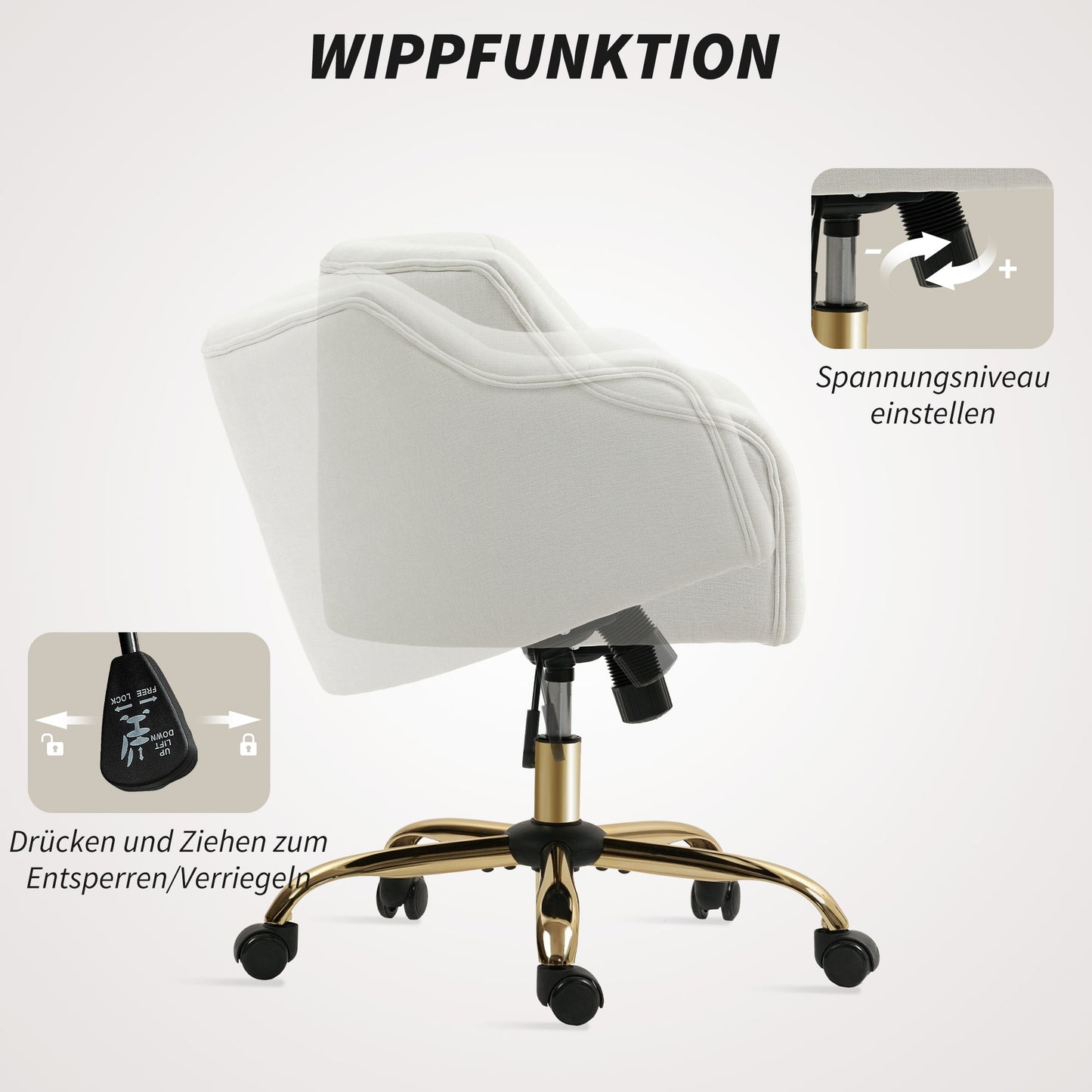 Adjustable Linen-Style Office Chair, Beige with Gold Legs