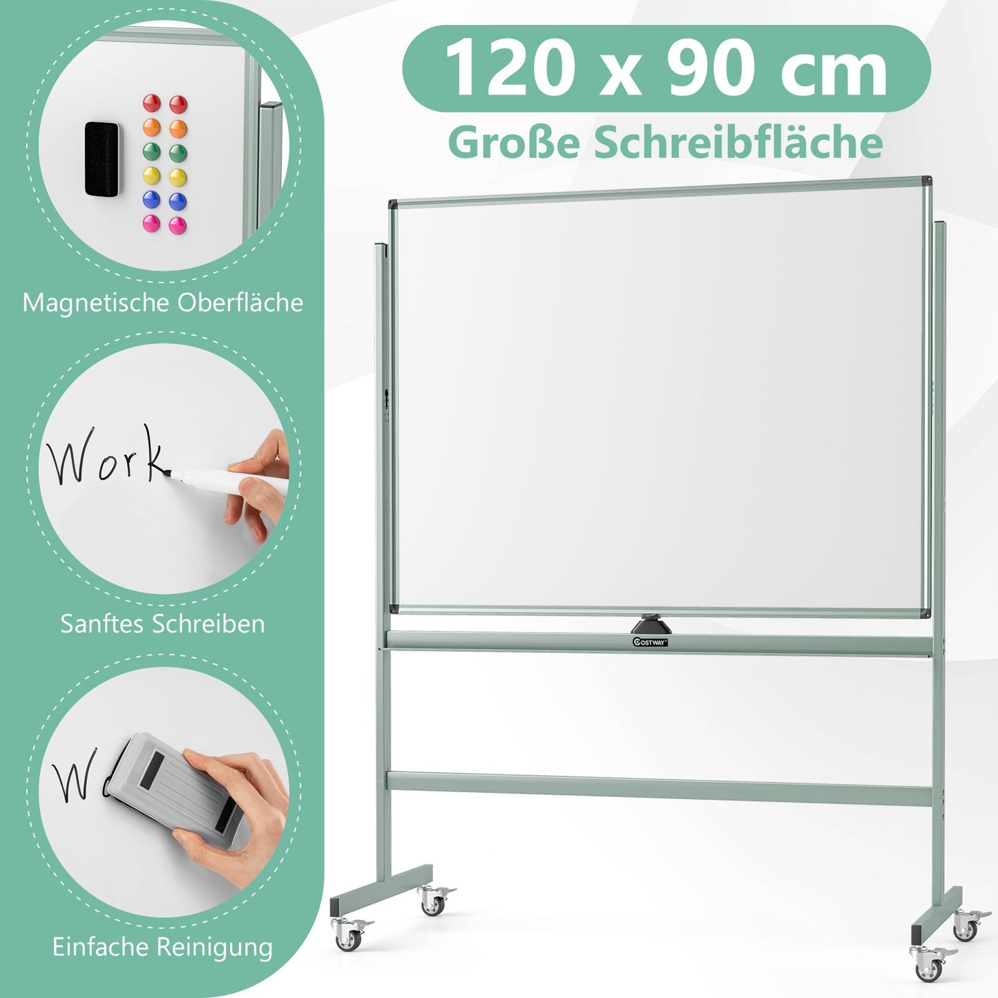 Adjustable Magnetic Double-Sided Mobile Whiteboard with Wheels