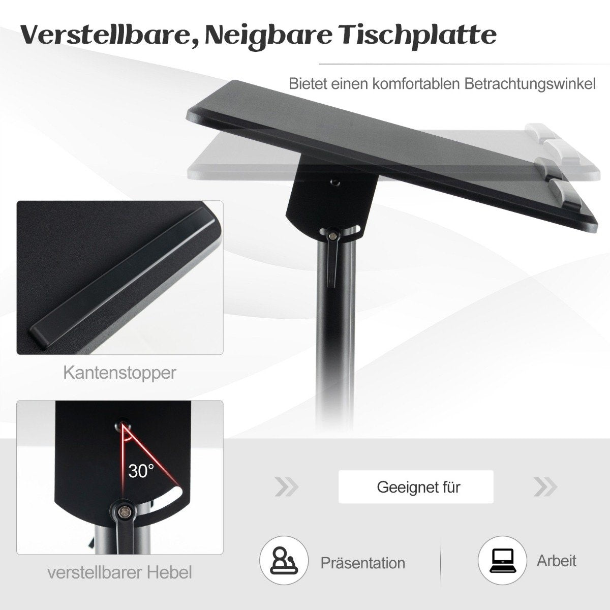 Adjustable Mobile Podium with Tilt Tabletop, Black