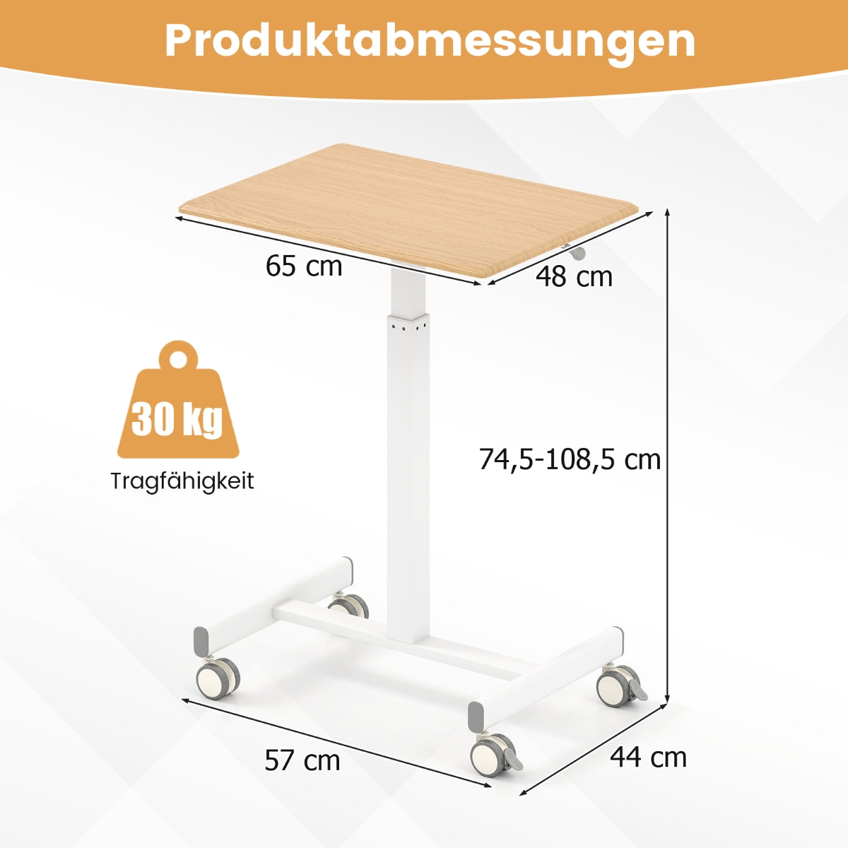 Adjustable Mobile Standing Desk with Gas Spring, 65x48 cm