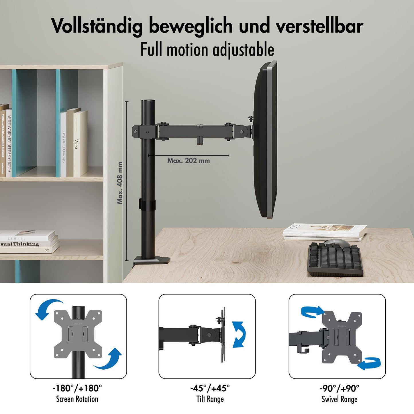 Adjustable Monitor Arm for 17–32" Screens, Black
