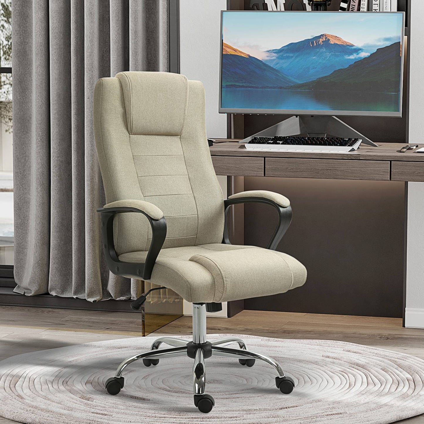 Adjustable Office Chair, Linen Look, Beige, Swivel, 5 Wheels