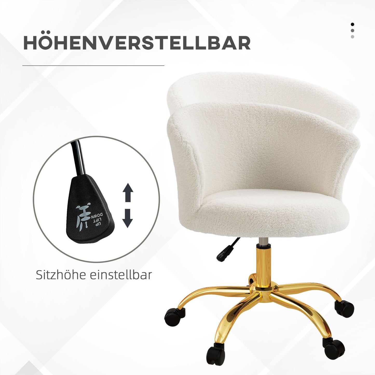 Adjustable Office Chair, Teddy Fleece, 58x56x68-76 cm, White