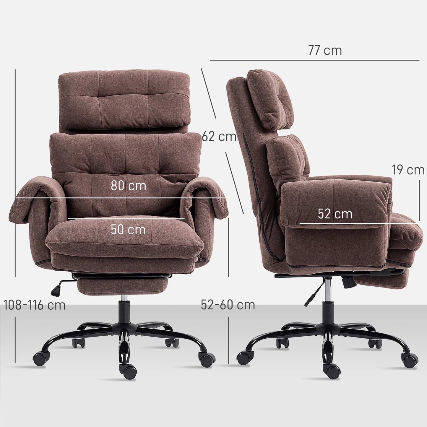 Adjustable Office Chair with Footrest, Brown Fabric, Steel