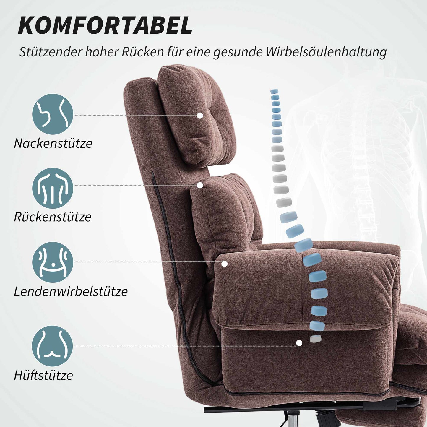 Adjustable Office Chair with Footrest, Brown Fabric, Steel