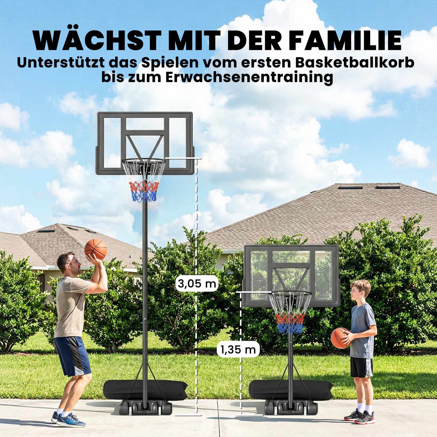 Adjustable Outdoor Basketball Hoop 135-305cm with Wheels