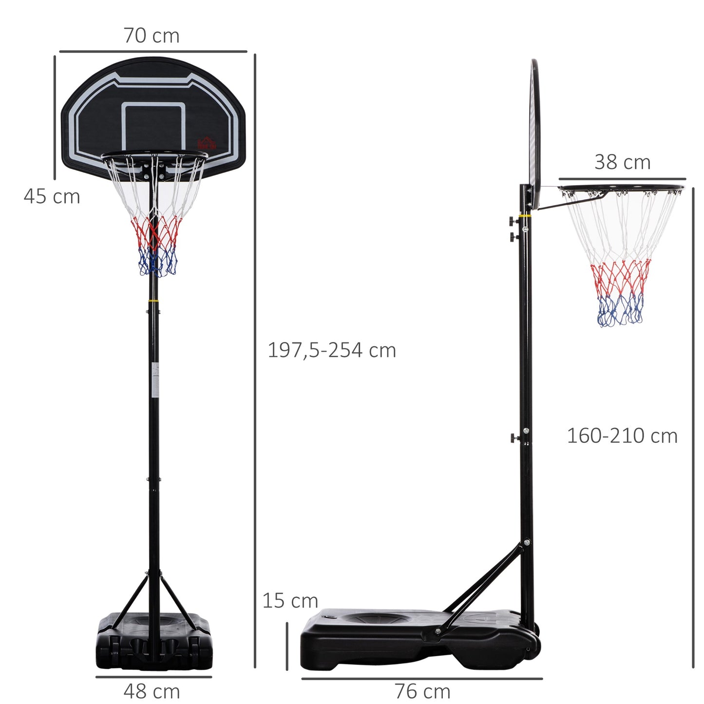 Adjustable Outdoor Basketball Hoop with Wheels, 160-210 cm