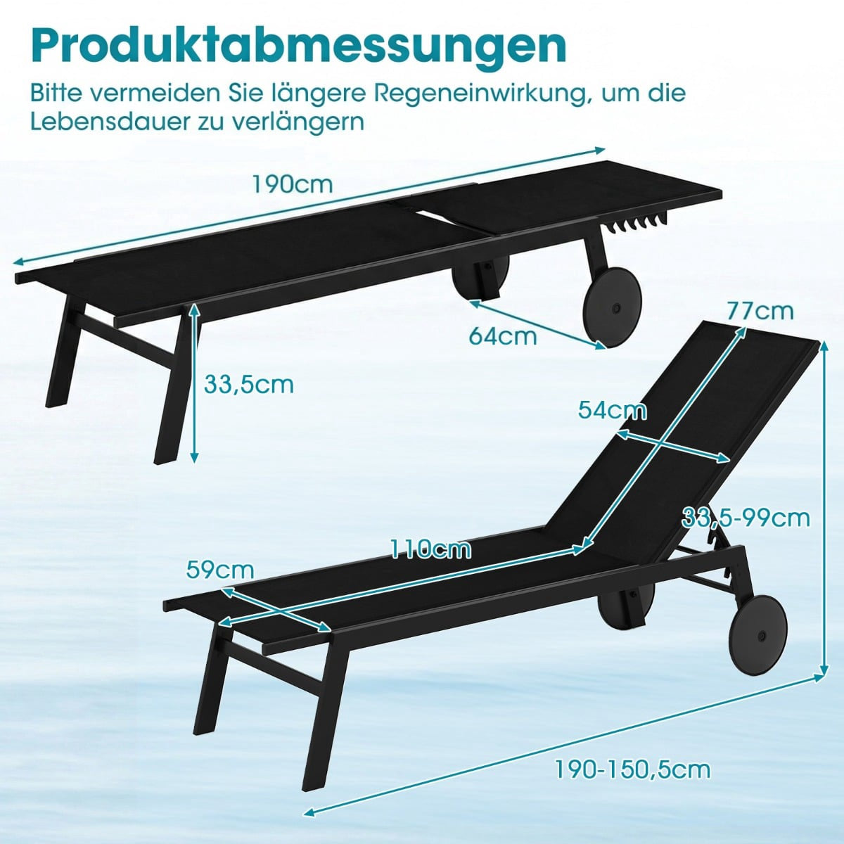 Adjustable Outdoor Sun Lounger Set with Wheels, Black