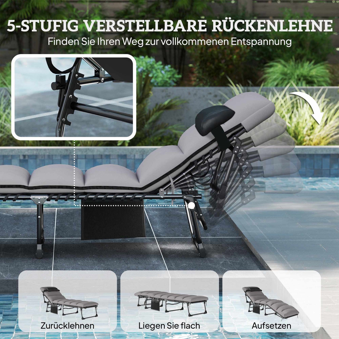 Adjustable Outdoor Sun Lounger with Cushion and Pocket