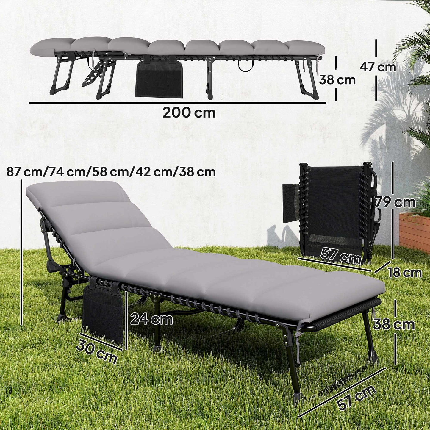 Adjustable Outdoor Sun Lounger with Cushion and Pocket
