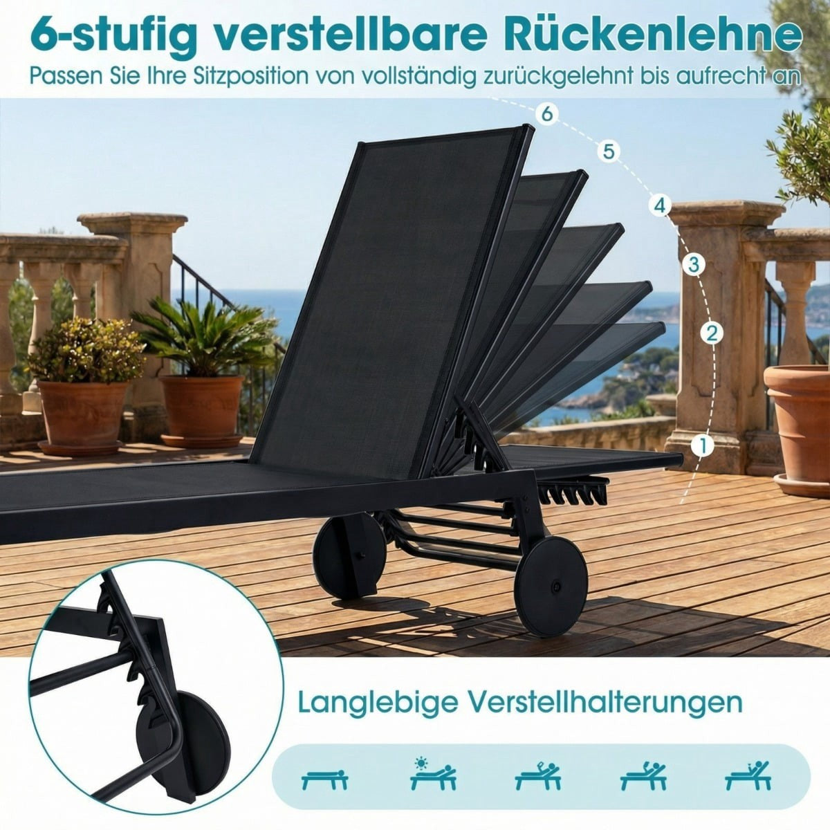 Adjustable Outdoor Sun Lounger with Wheels, Quick-Dry Fabric