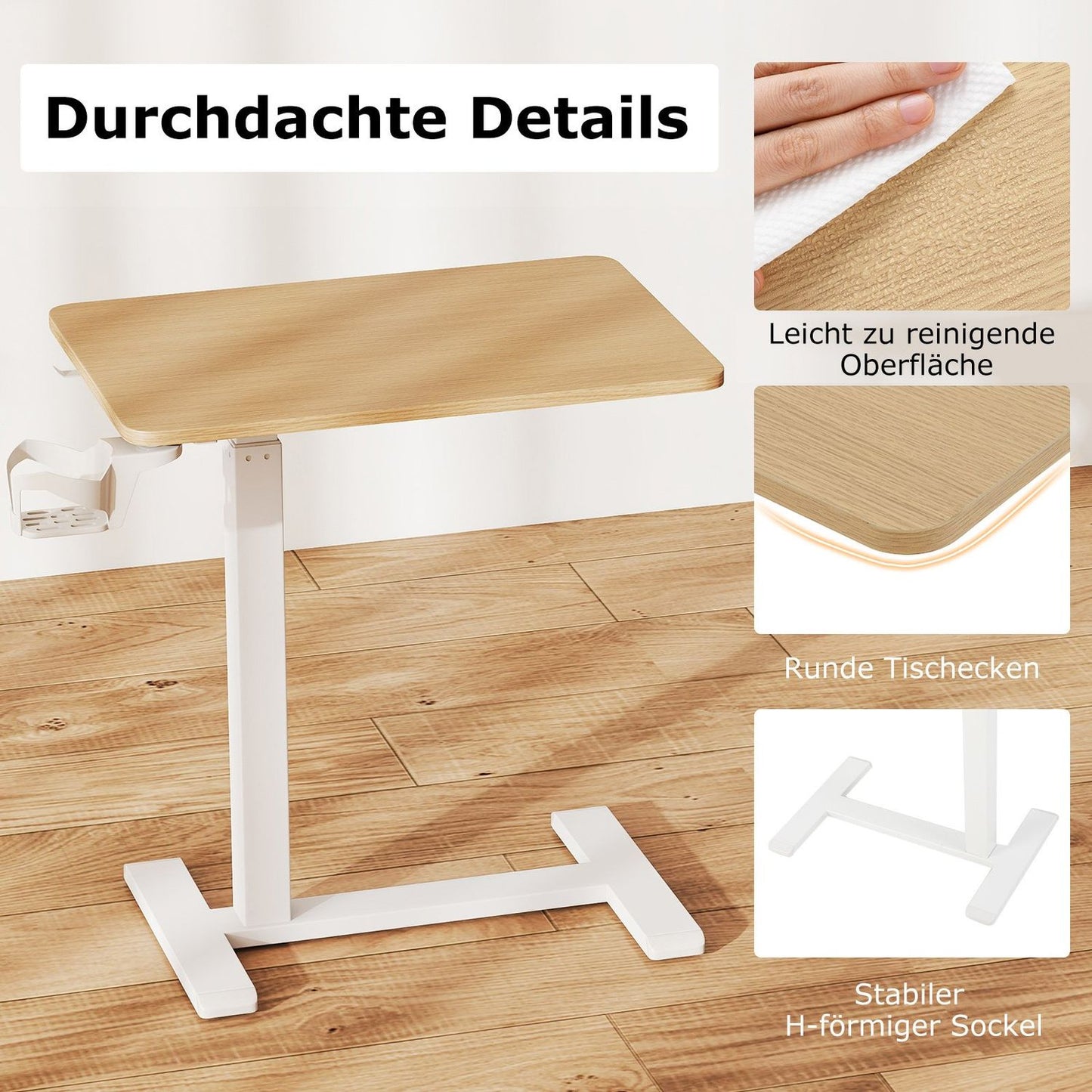 Adjustable Overbed Table with Hidden Wheels & Cup Holder