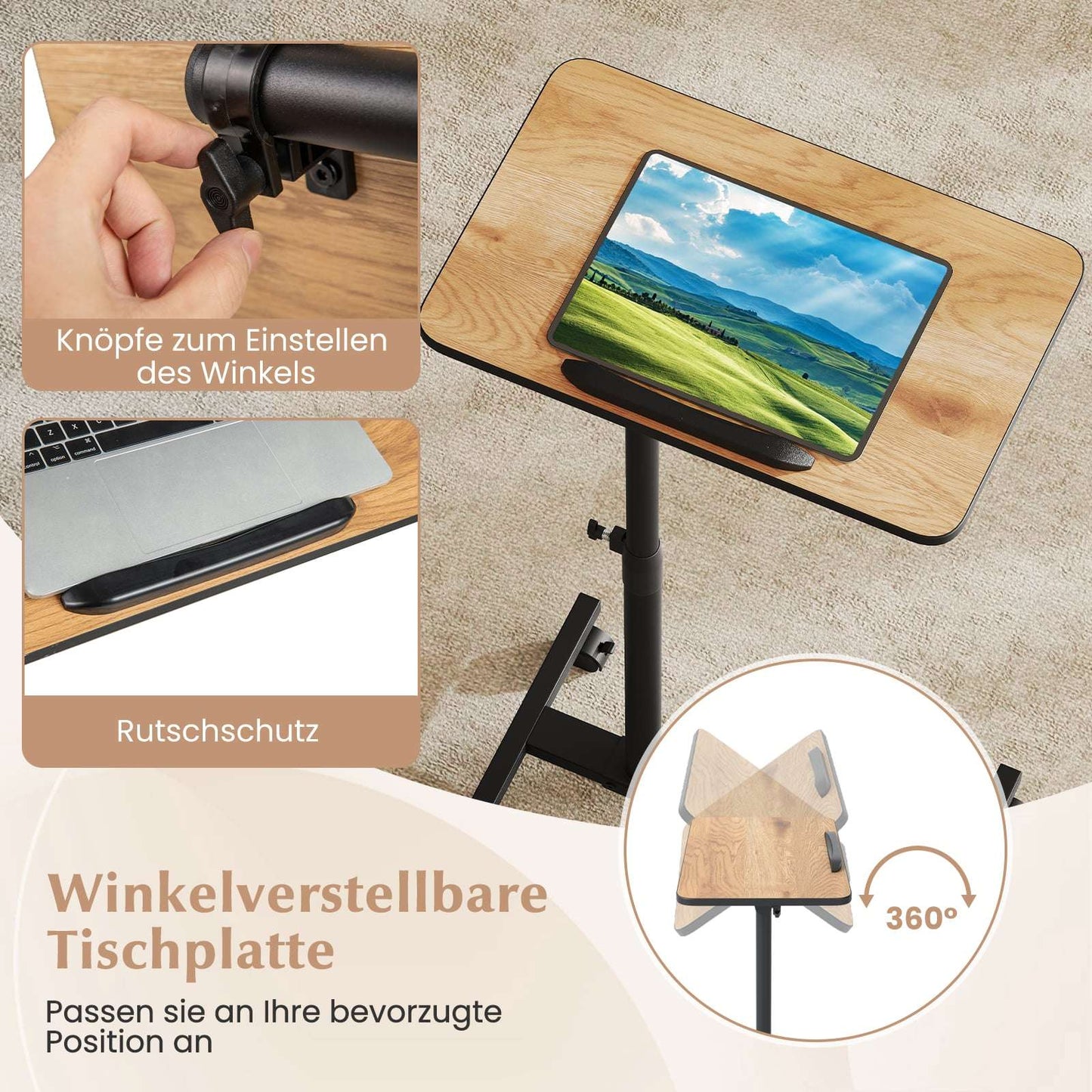 Adjustable Overbed Table with Swivel Top & Wheels