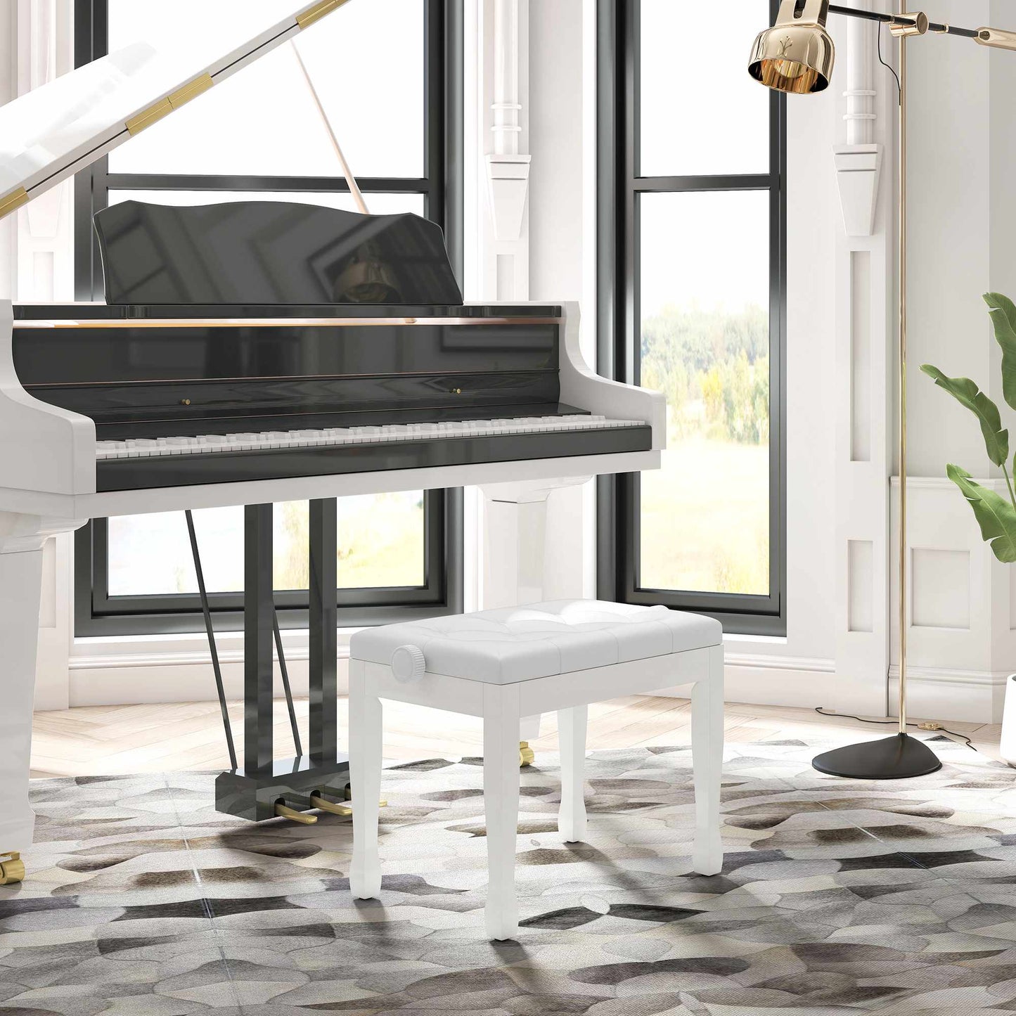 Adjustable Piano Bench with Faux Leather Cushion, White