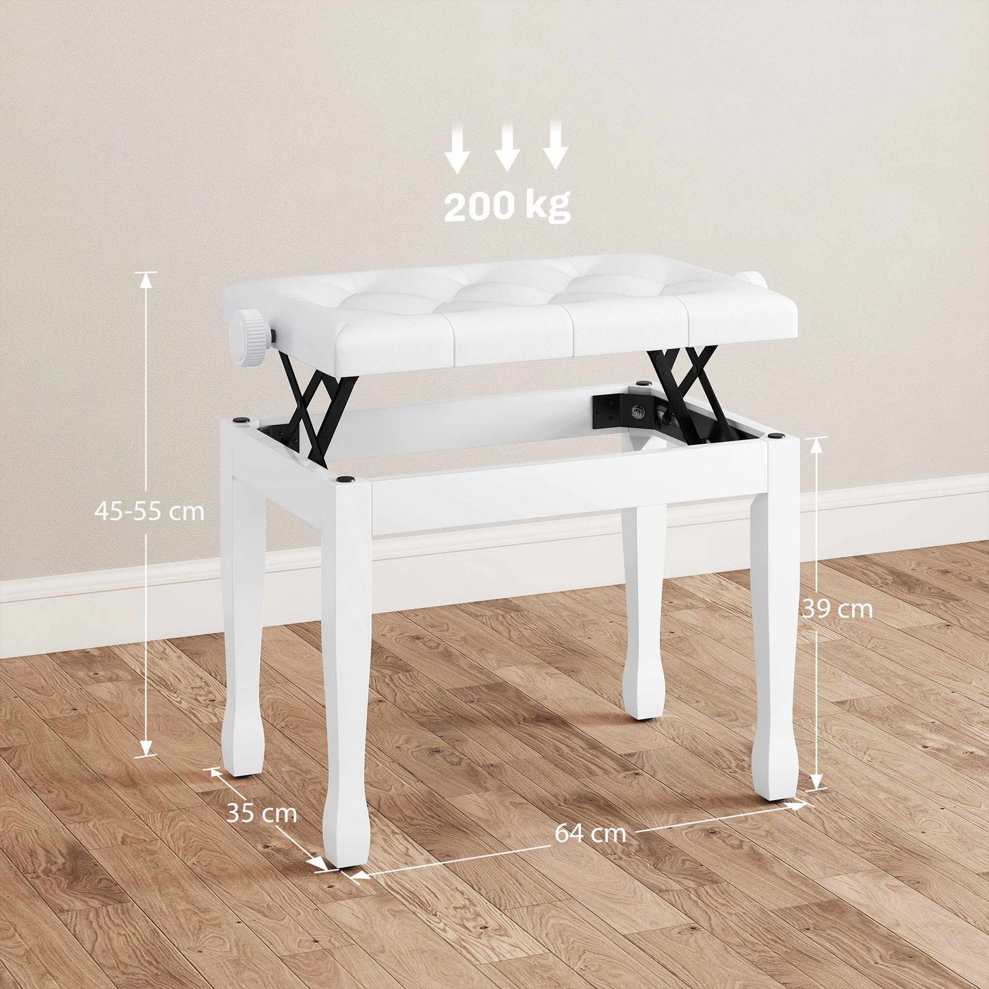 Adjustable Piano Bench with Faux Leather Cushion, White