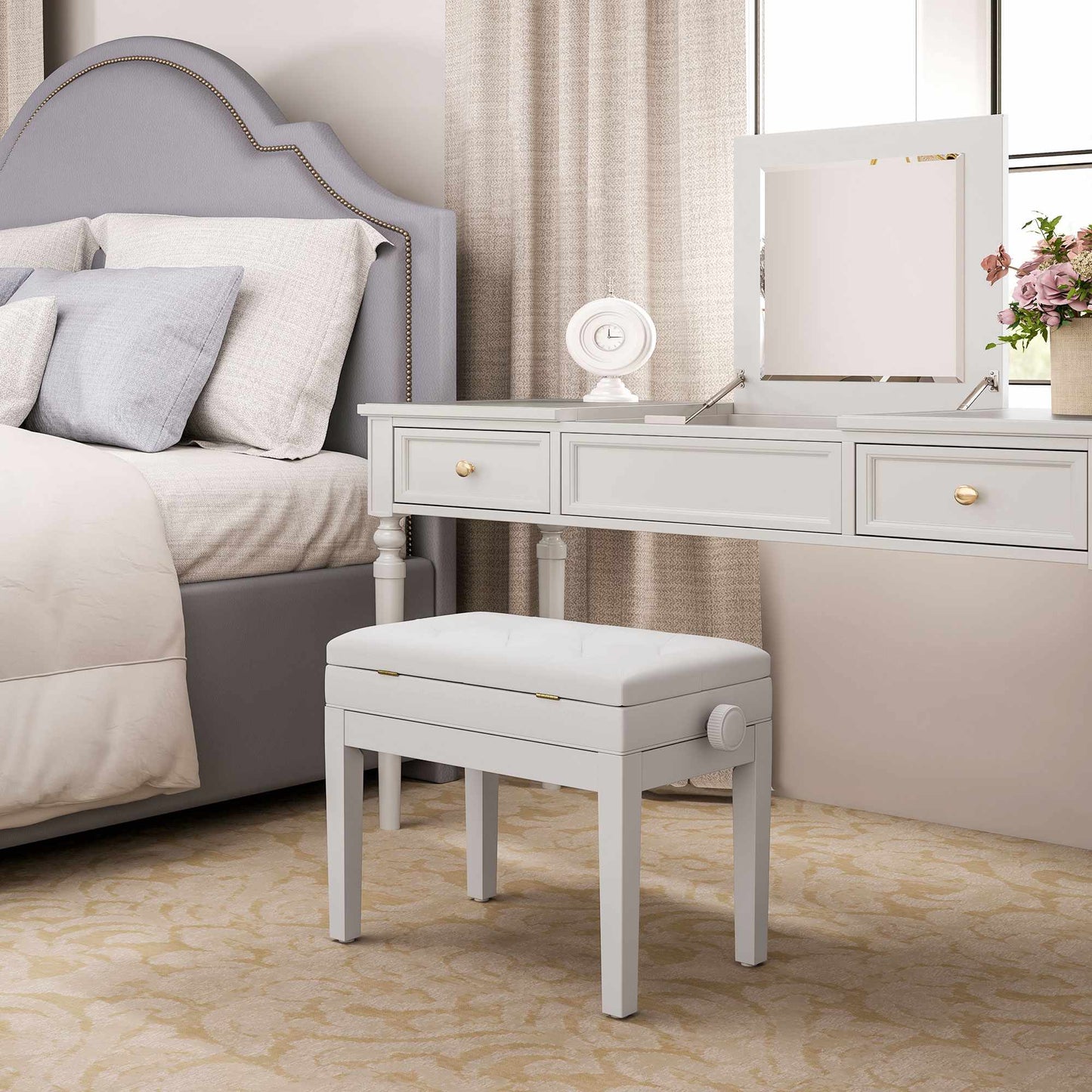 Adjustable Piano Bench with Storage, Faux Leather, White