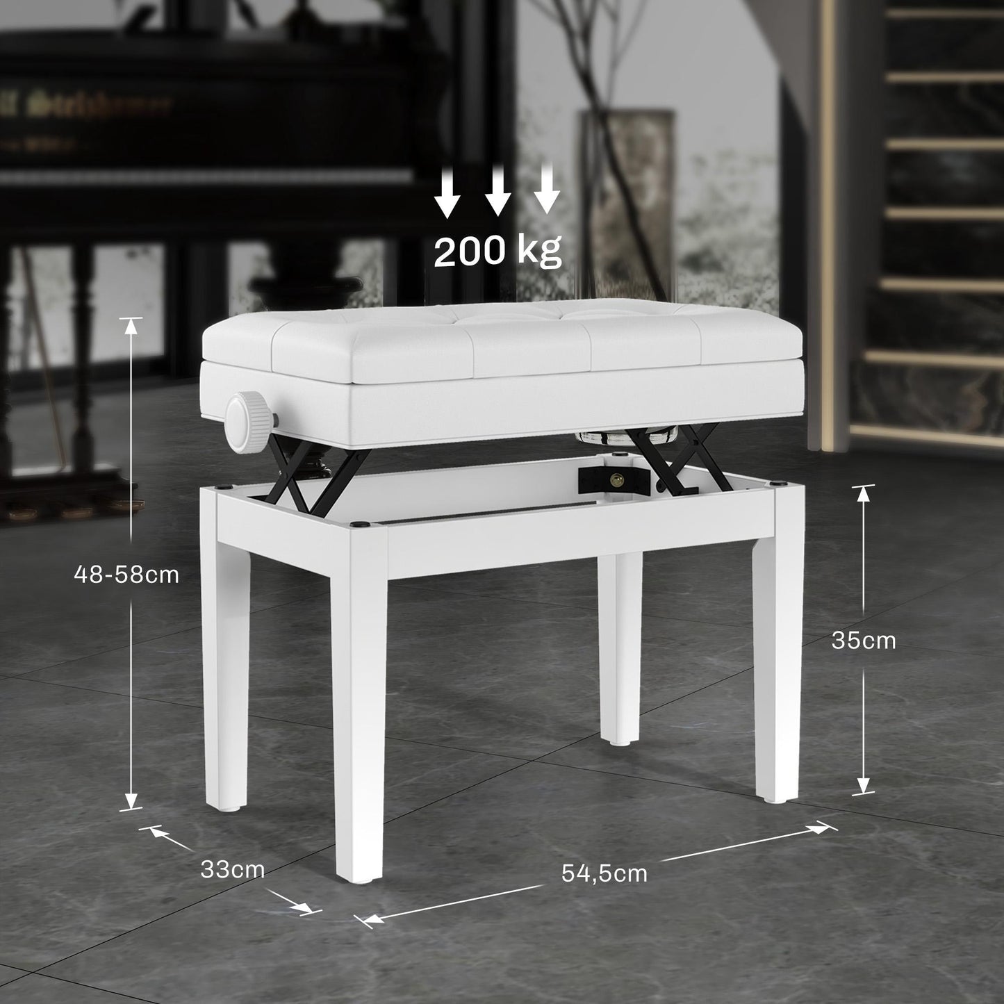 Adjustable Piano Bench with Storage, Faux Leather, White