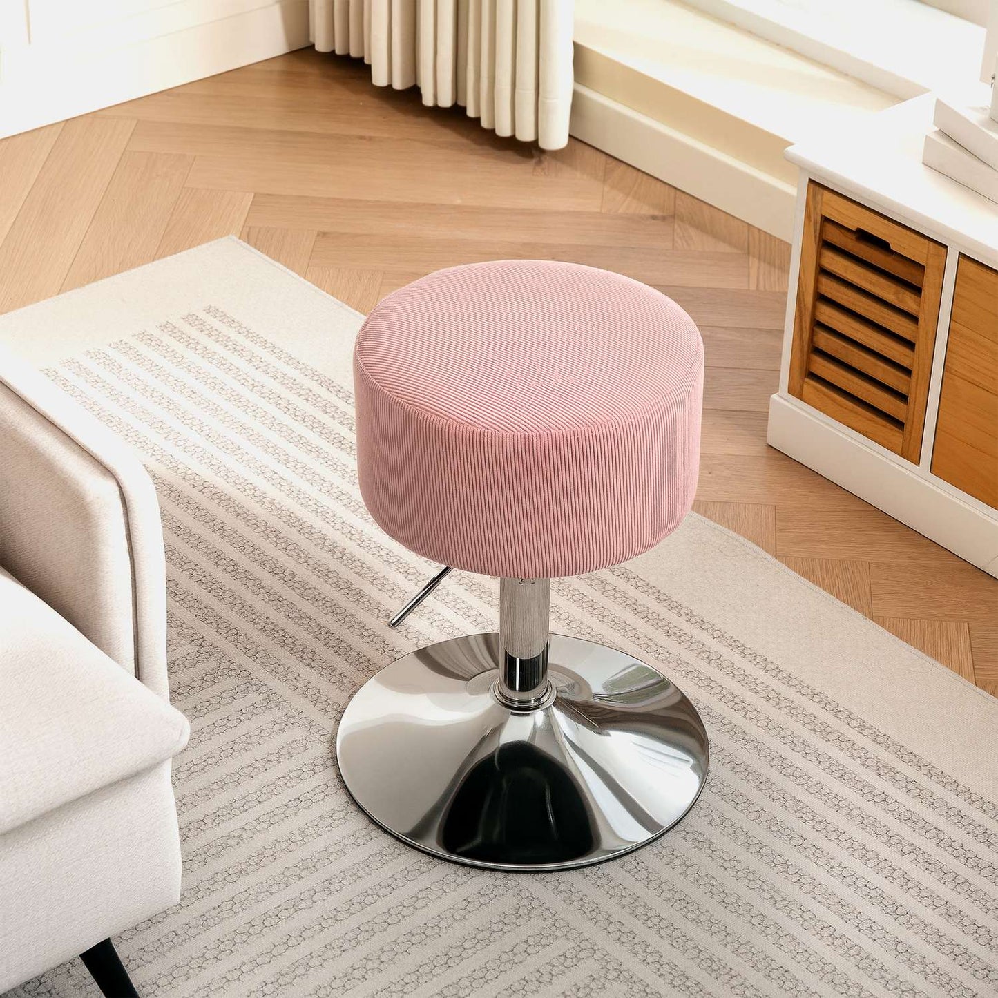 Adjustable Pink Corduroy Bar Stool, 360° Swivel, Metal Base