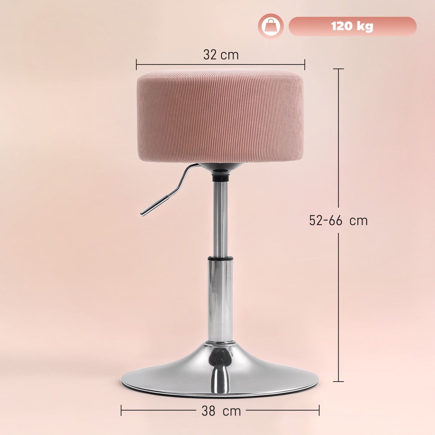 Adjustable Pink Corduroy Bar Stool, 360° Swivel, Metal Base