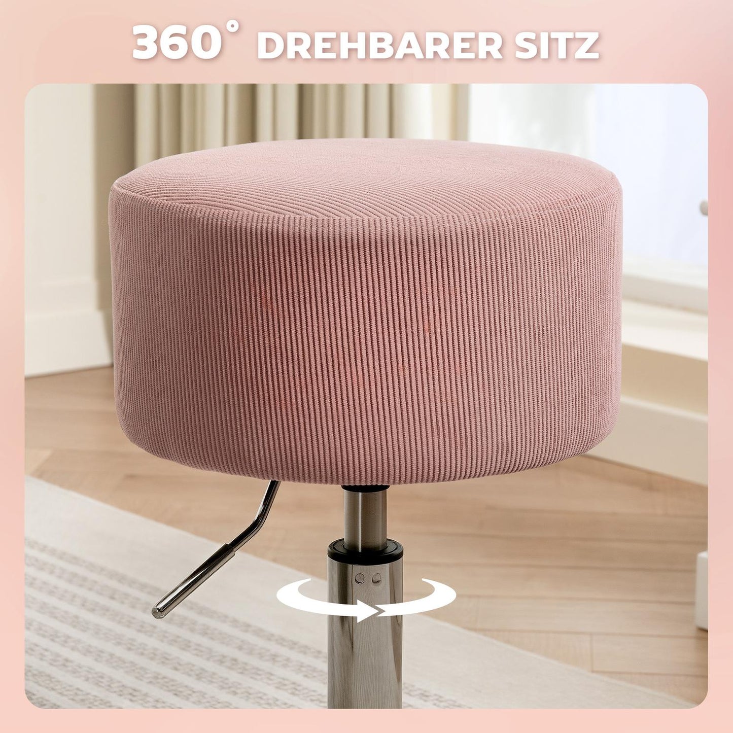 Adjustable Pink Corduroy Bar Stool, 360° Swivel, Metal Base