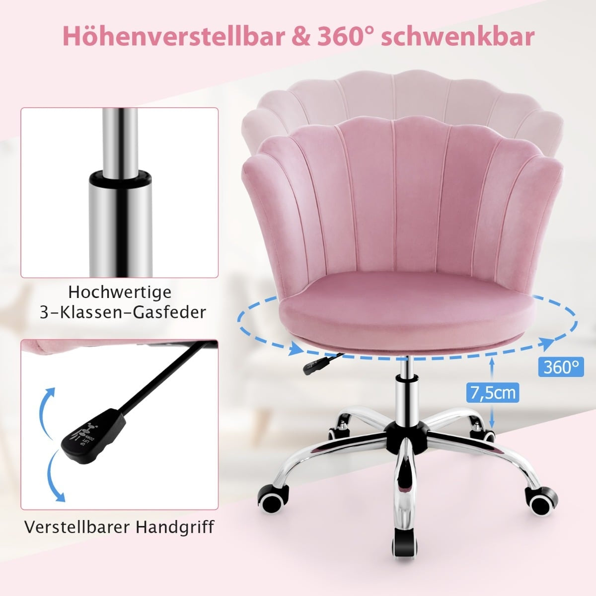 Adjustable Pink Velvet Office Chair with Wheels, Ergonomic Design