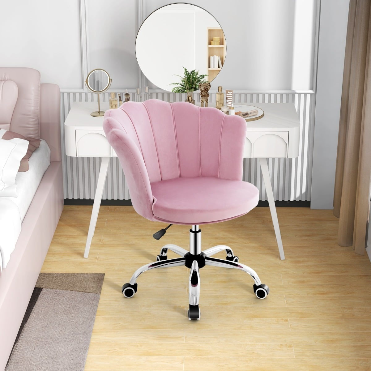 Adjustable Pink Velvet Office Chair with Wheels, Ergonomic Design