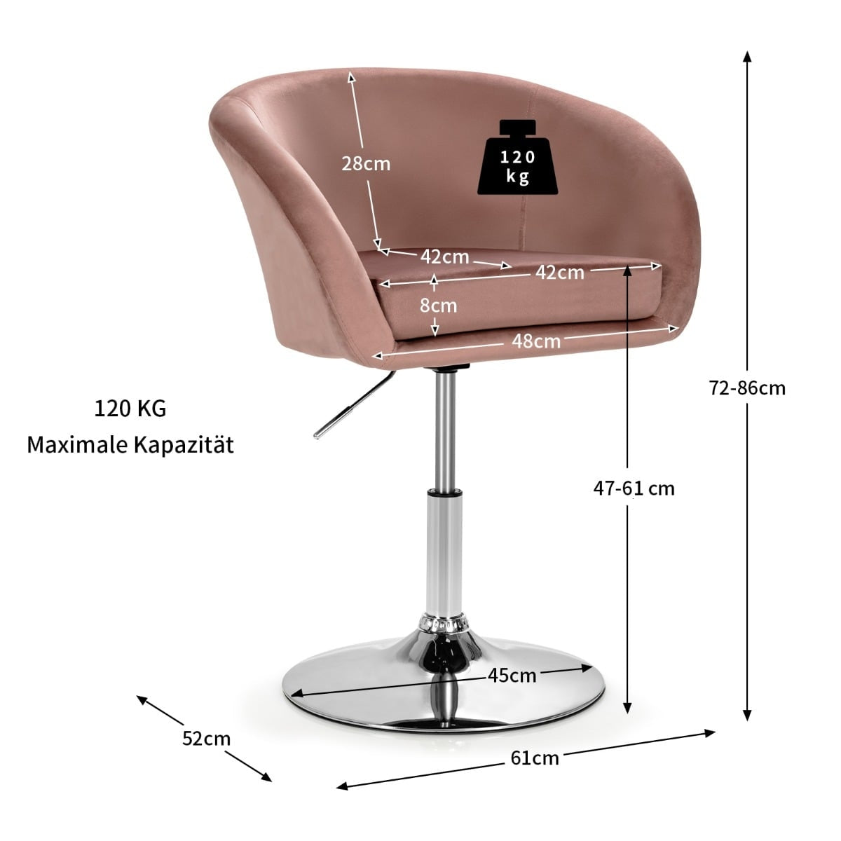 Adjustable Pink Velvet Swivel Bar Stool, 360 Rotation, 120kg Capacity