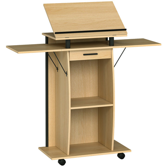 Adjustable Podium Stand with Shelves and Drawer, Oak Finish
