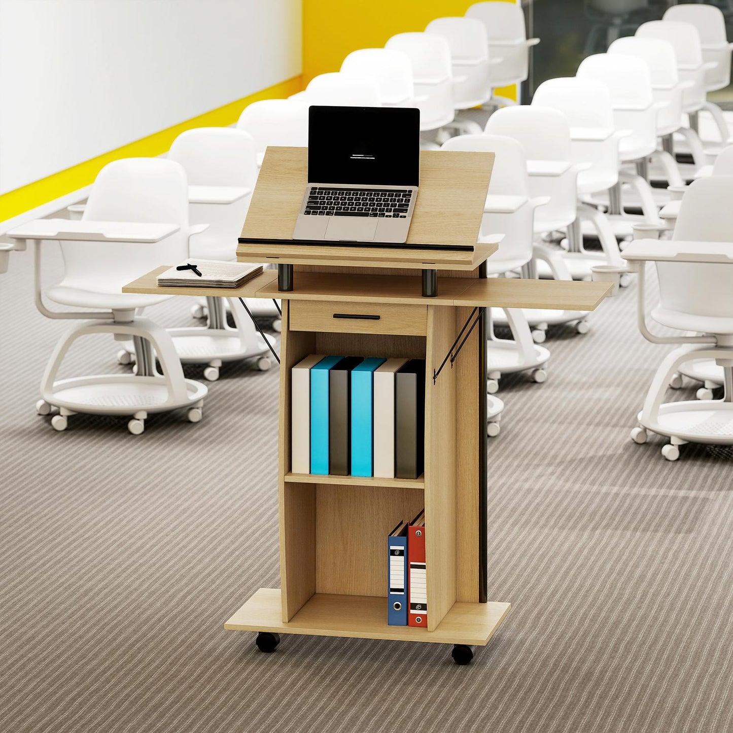 Adjustable Podium Stand with Shelves and Drawer, Oak Finish