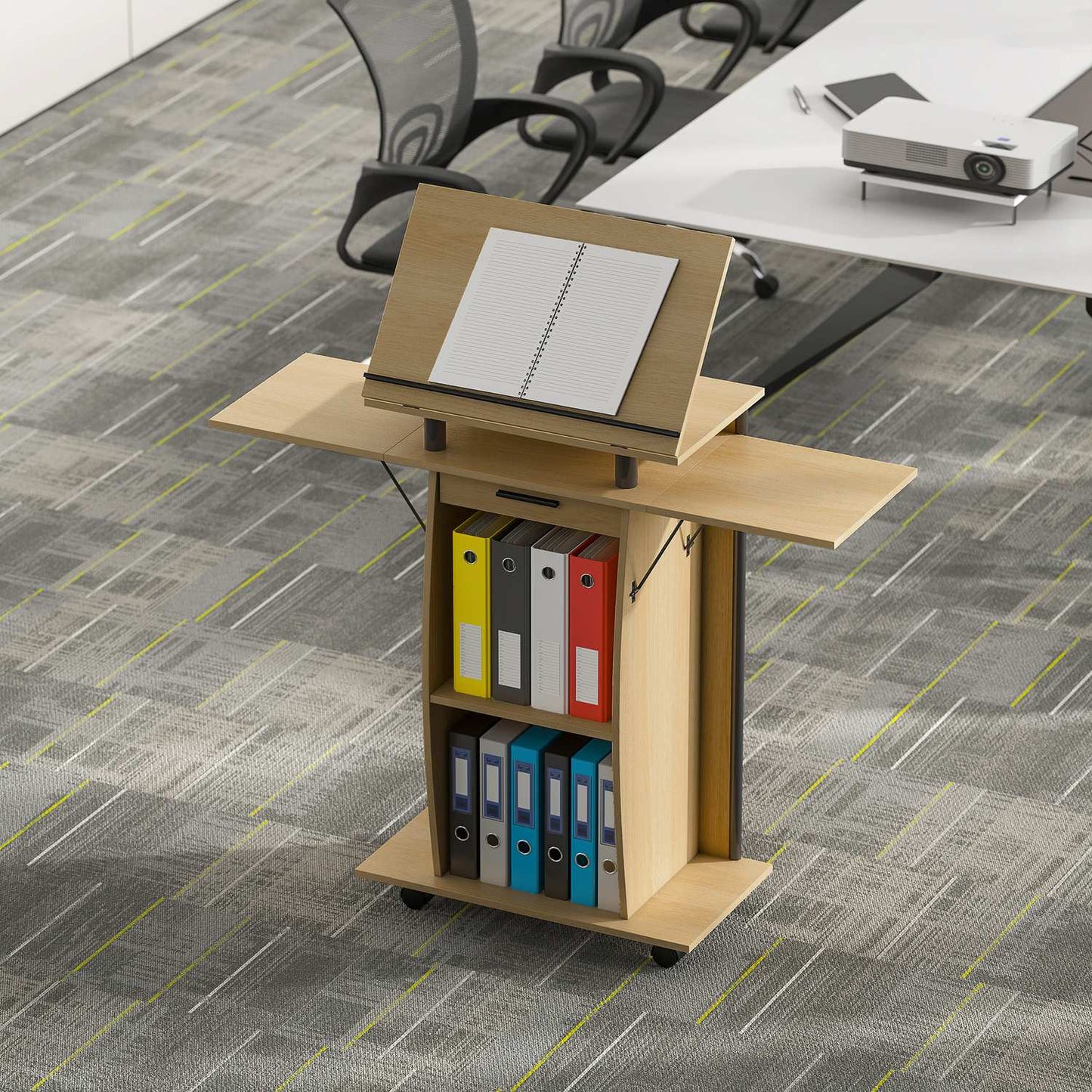Adjustable Podium Stand with Shelves and Drawer, Oak Finish