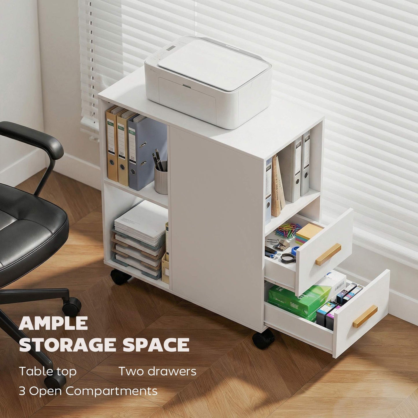 Adjustable Printer Stand with Shelves, Wheels, White 60x30x65 cm