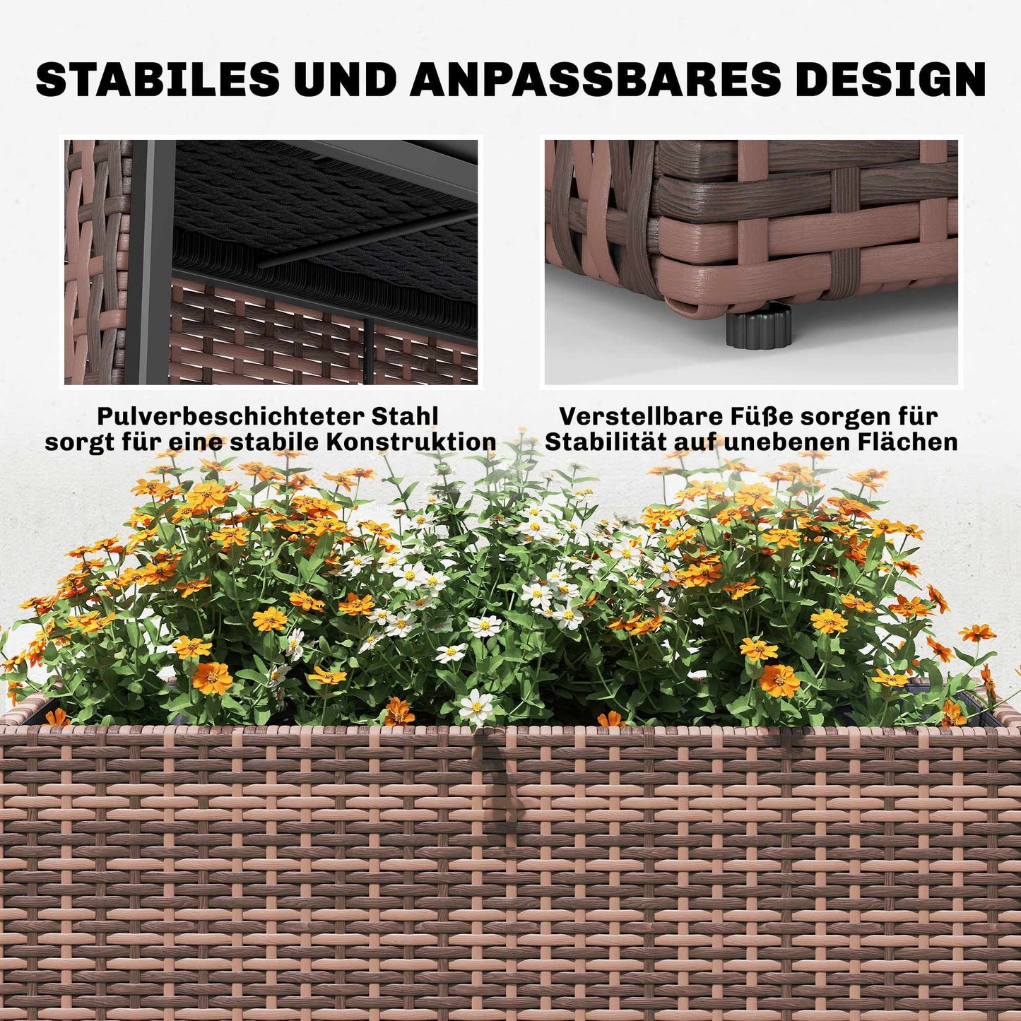 Adjustable Rattan Planter Box with Removable Liner, Brown