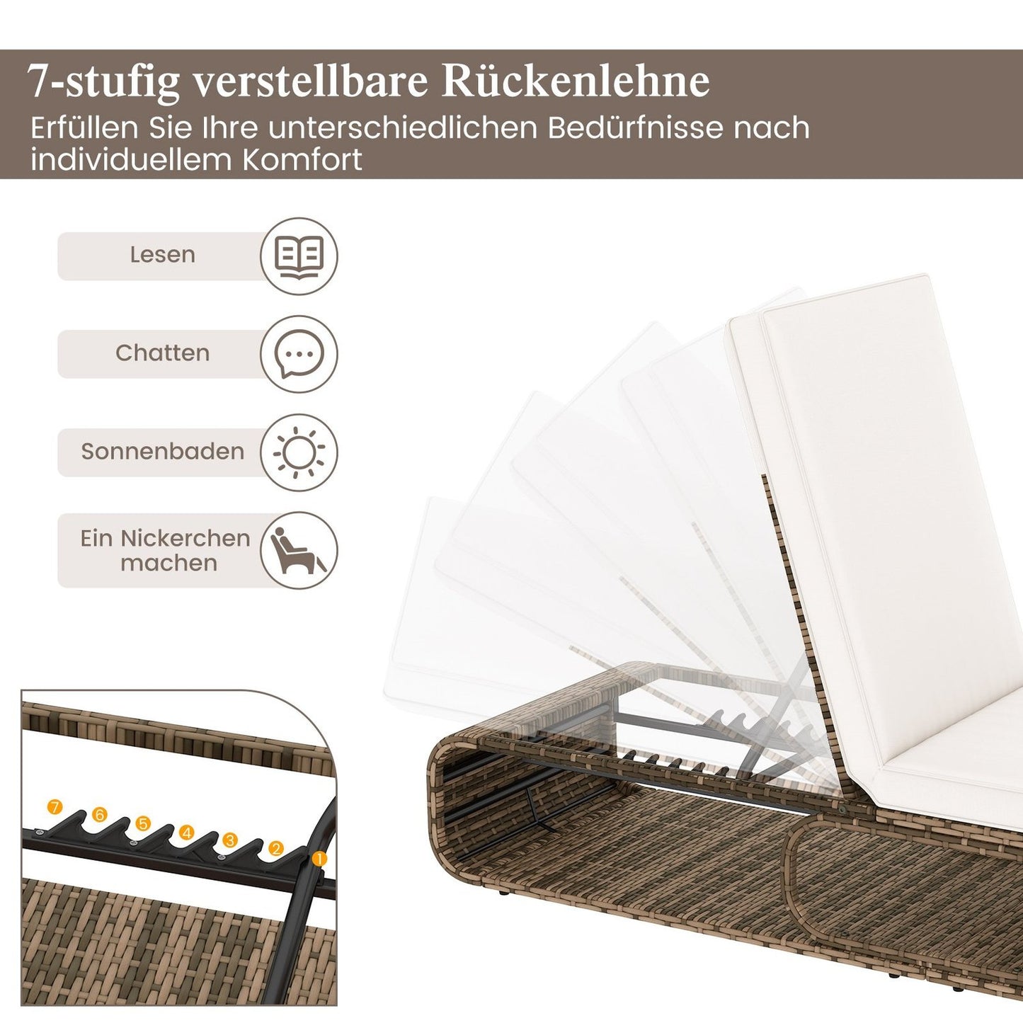 Adjustable Rattan Sun Lounger with Cushion, 180kg Capacity