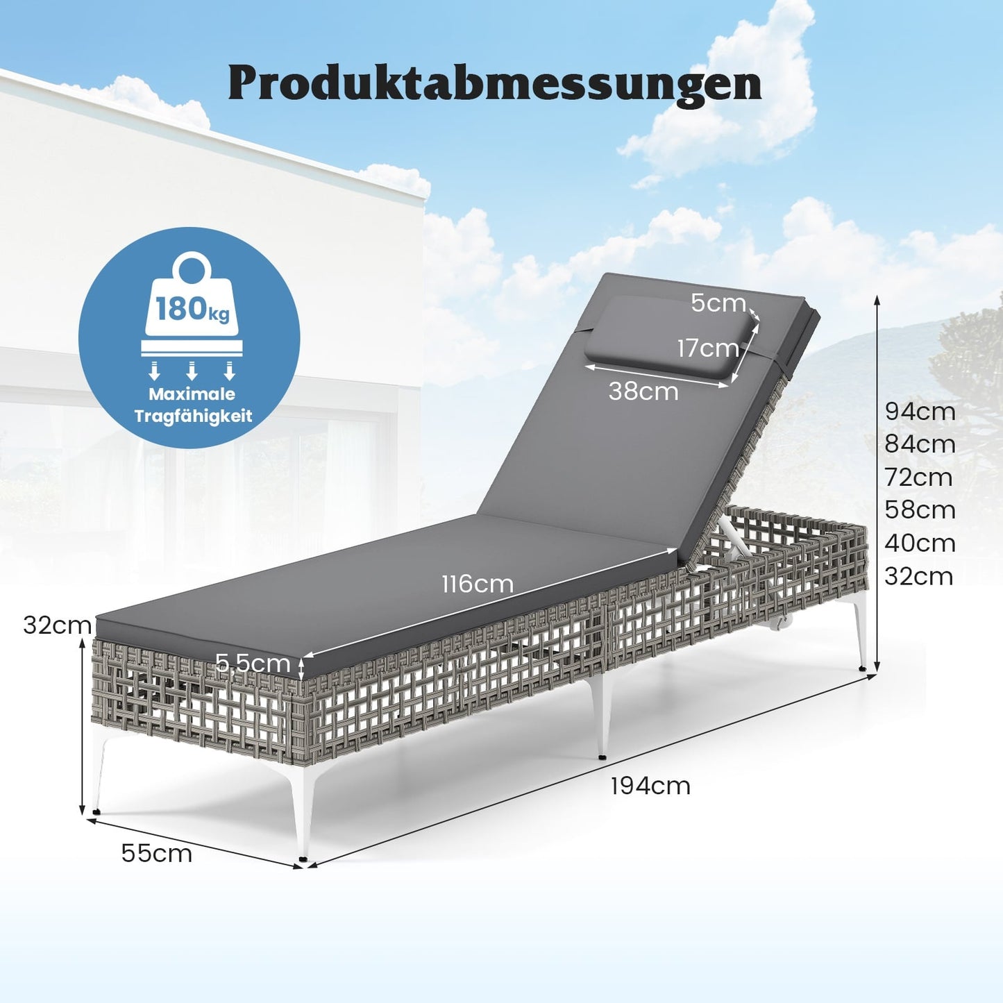 Adjustable Rattan Sun Lounger with Cushion & Headrest