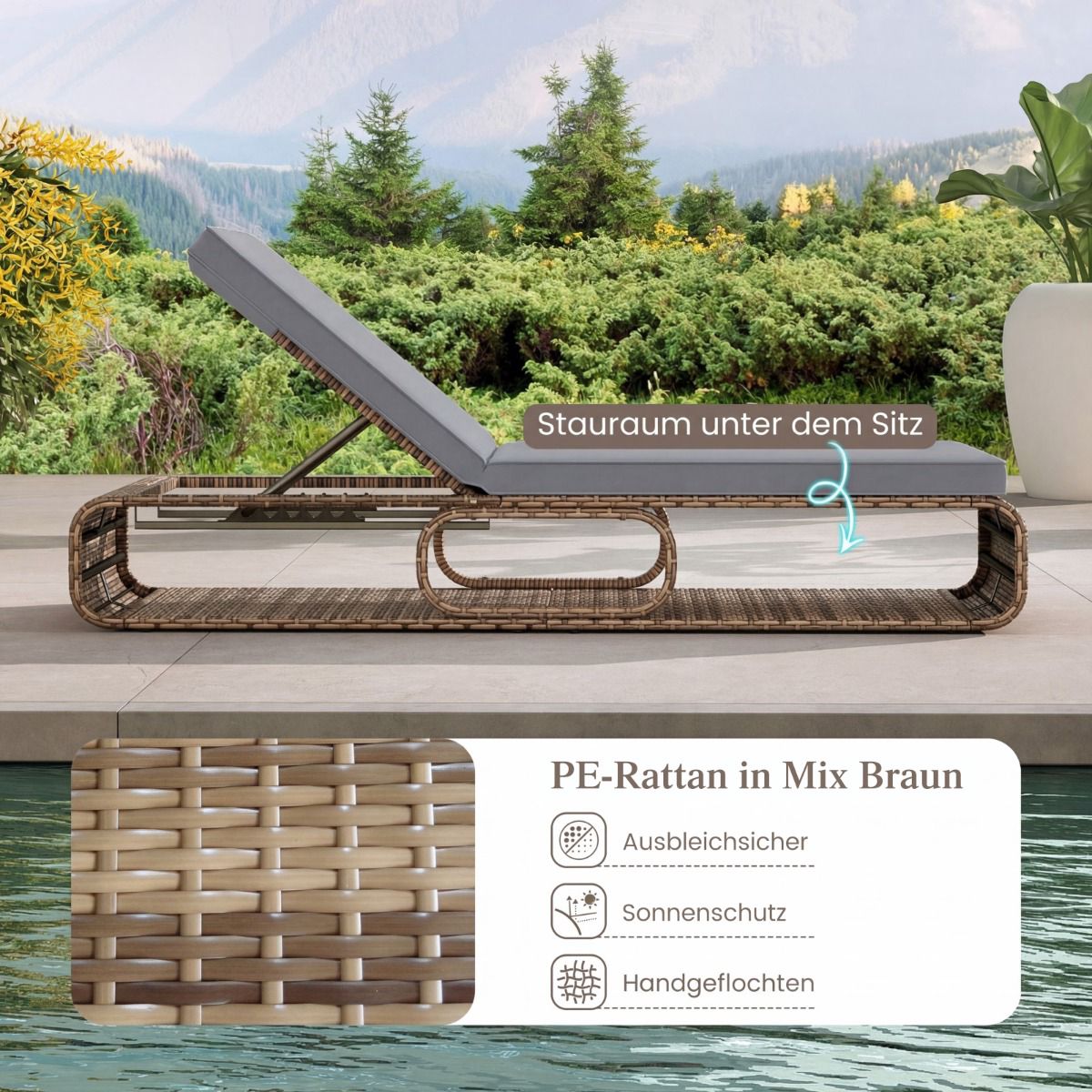 Adjustable Rattan Sun Lounger with Cushion, Weatherproof