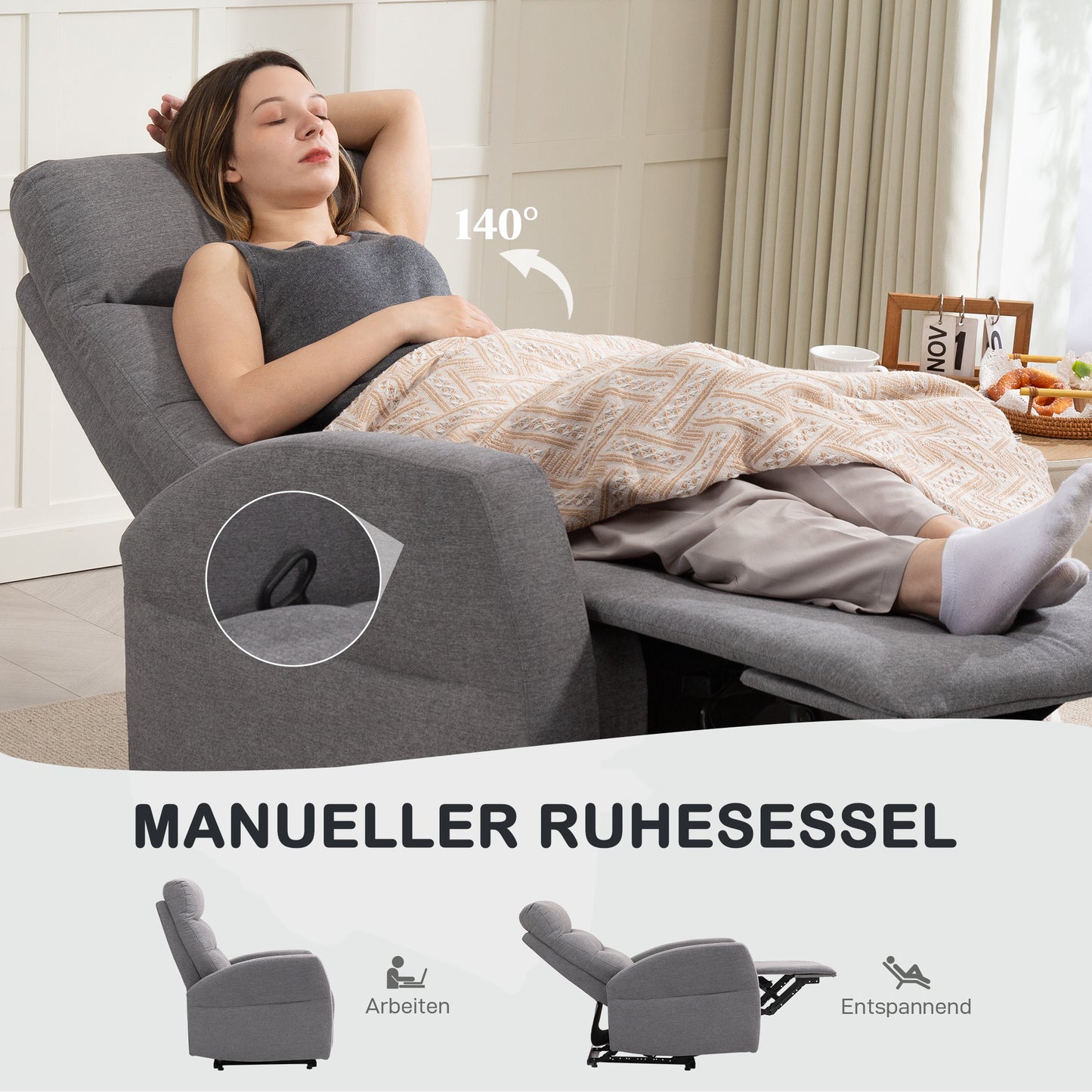 Adjustable Recliner Chair with Footrest, Dark Grey Fabric