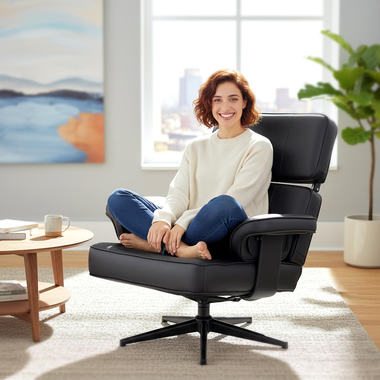 Adjustable Recliner with Ottoman, Faux Leather, Black