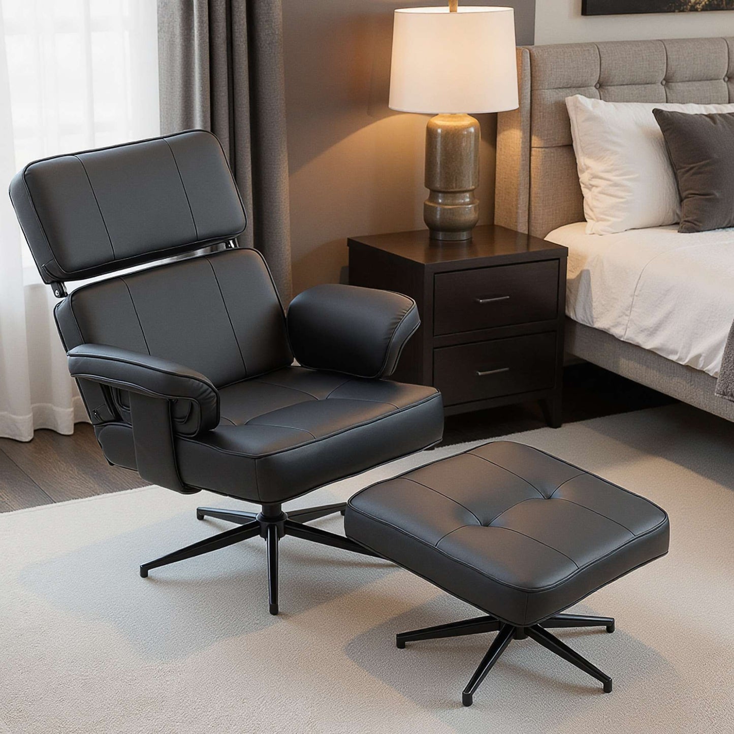 Adjustable Recliner with Ottoman, Faux Leather, Black