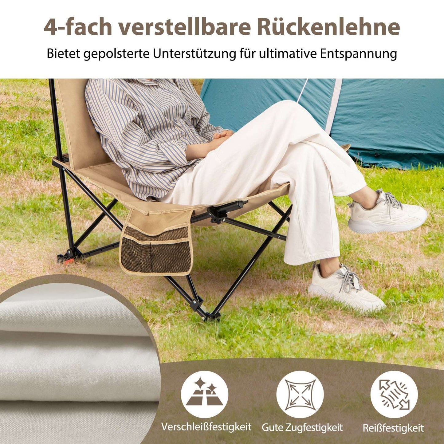 Adjustable Reclining Camping Chair, 225kg Capacity, Khaki