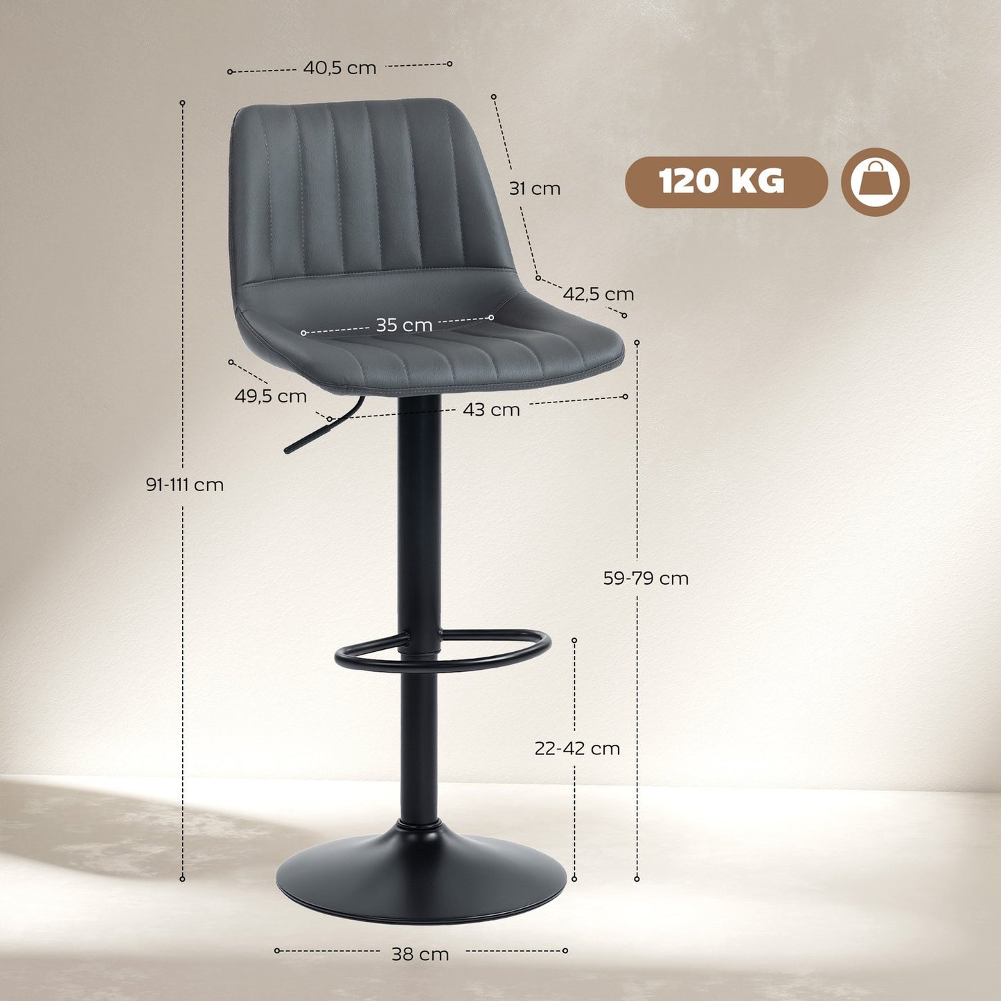 Adjustable Retro Bar Stools, Set of 2, Faux Leather, Dark Grey