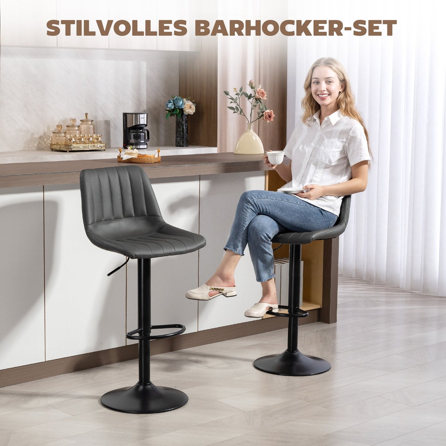 Adjustable Retro Bar Stools, Set of 2, Faux Leather, Dark Grey