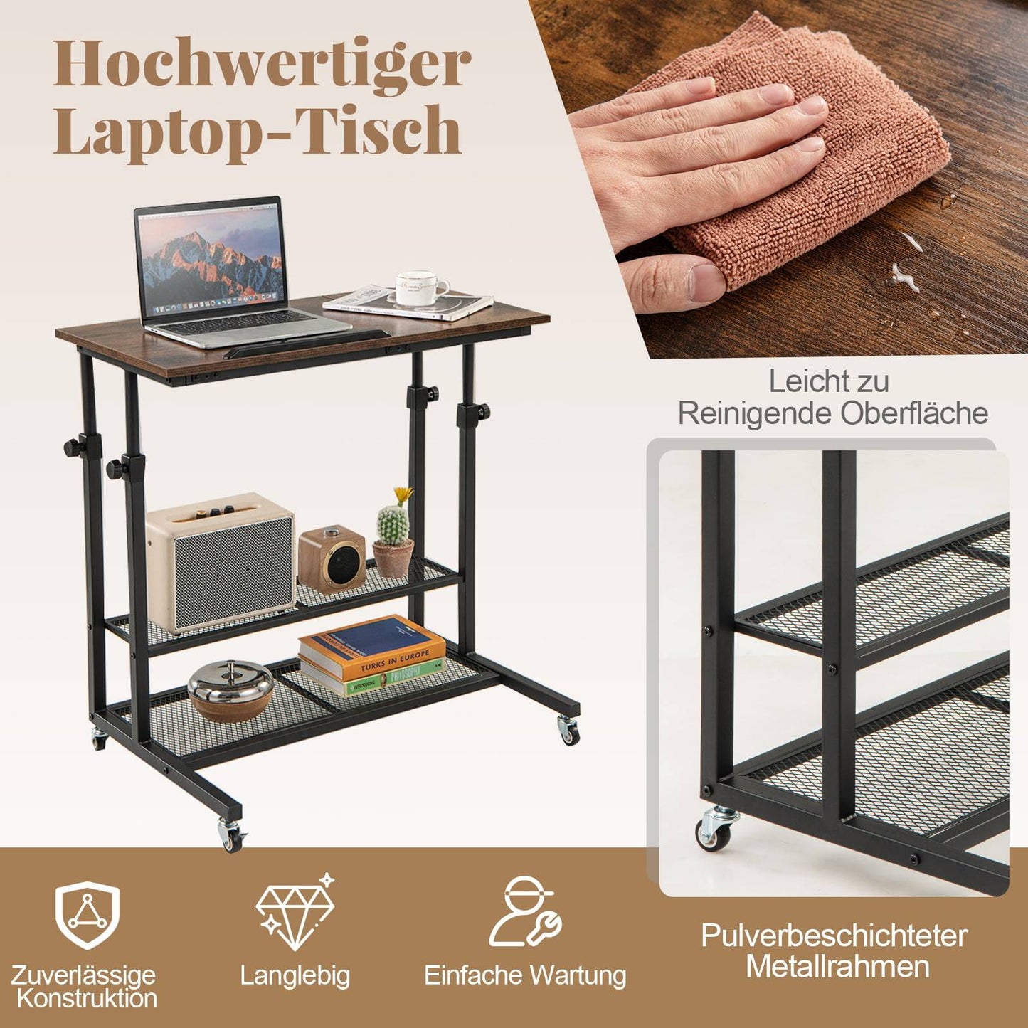 Adjustable Rolling Bedside Table with Tilt Top