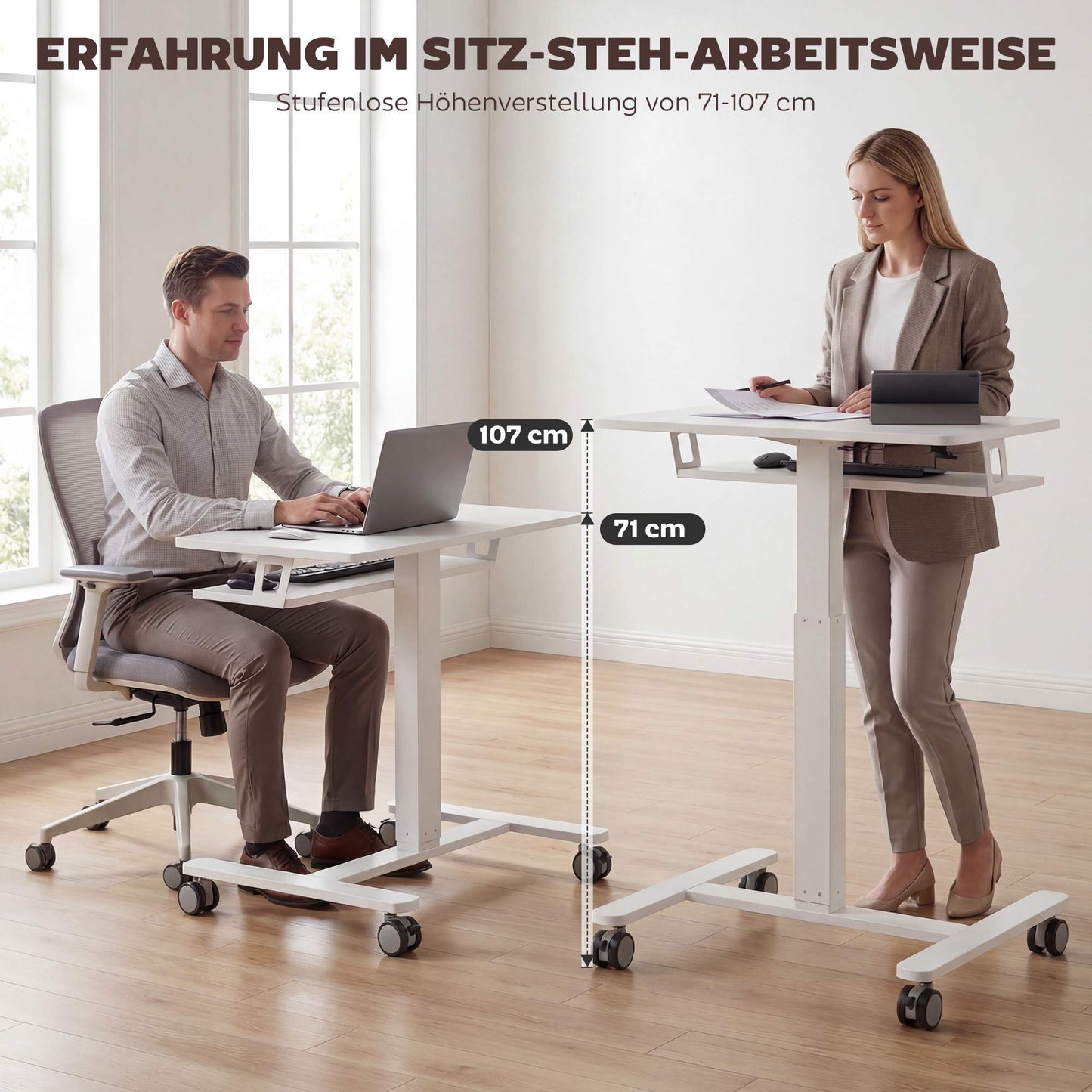 Adjustable Rolling Sit-Stand Desk with Keyboard Tray, White