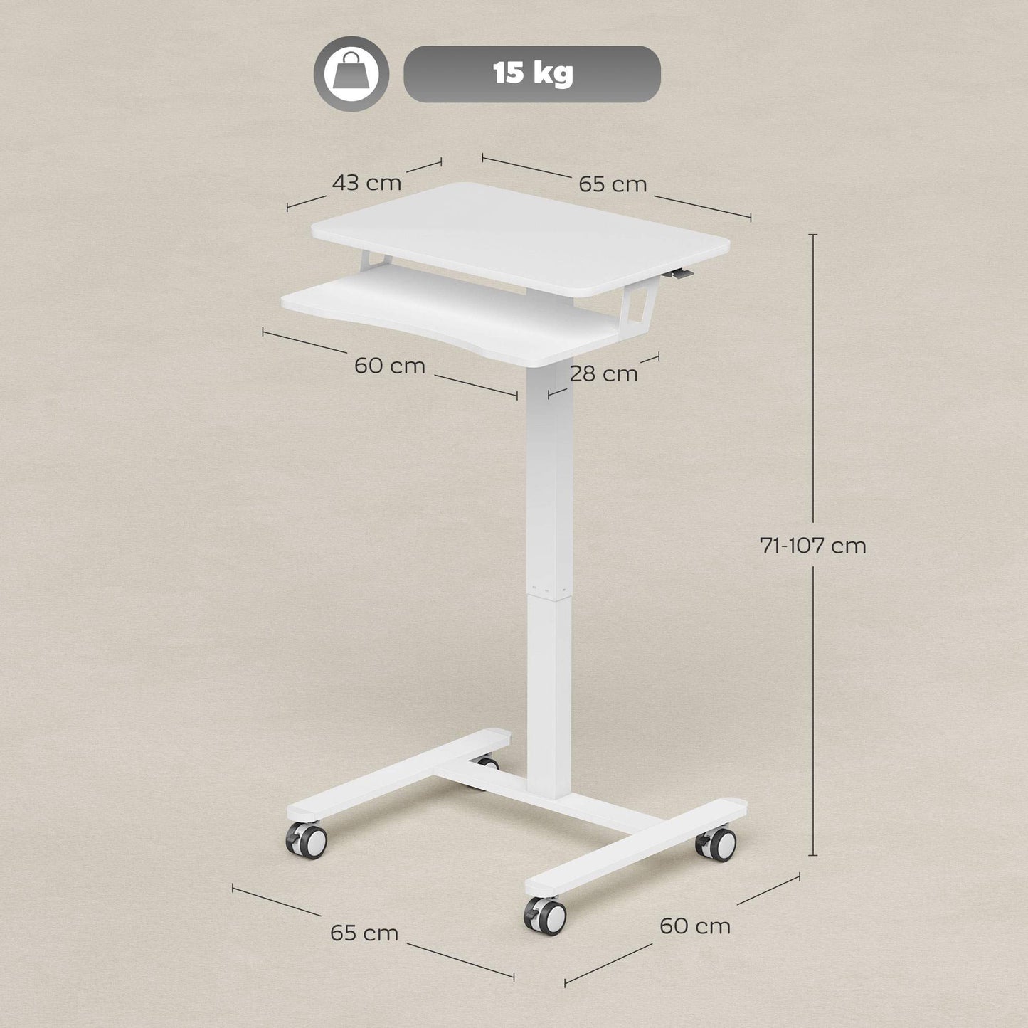 Adjustable Rolling Sit-Stand Desk with Keyboard Tray, White