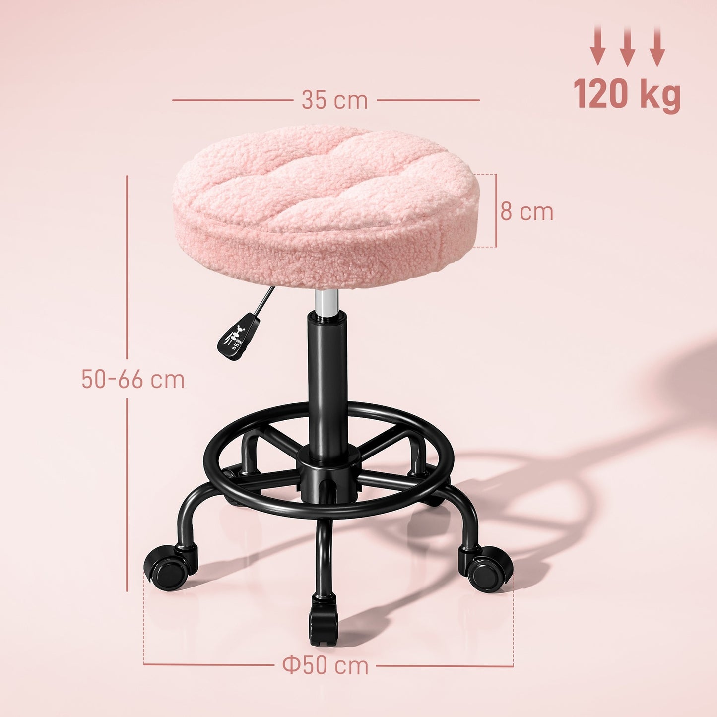 Adjustable Rolling Stool, Pink, 360° Swivel, 50-66 cm Height
