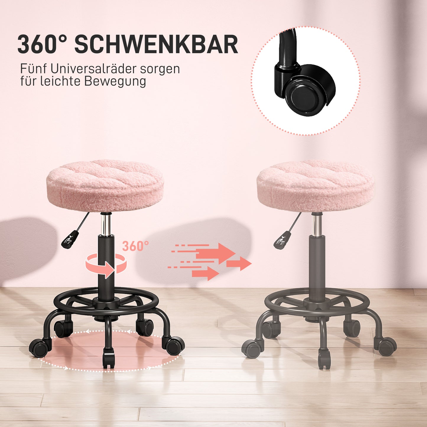 Adjustable Rolling Stool, Pink, 360° Swivel, 50-66 cm Height
