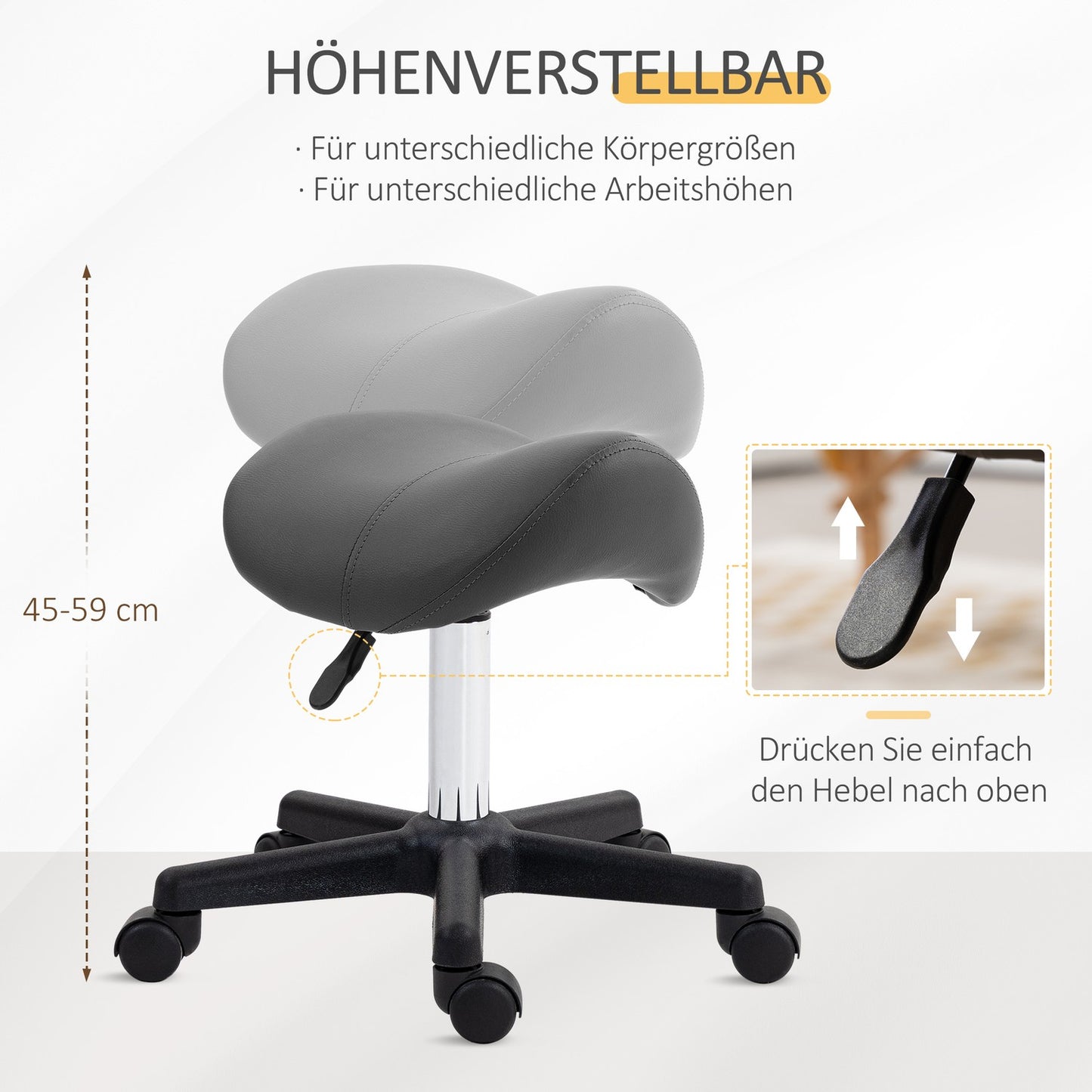 Adjustable Saddle Stool, Black Faux Leather, 120kg Capacity